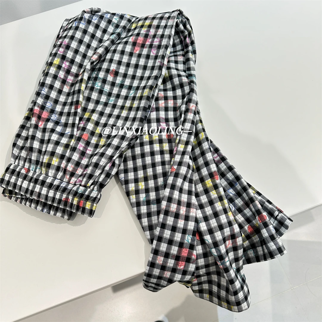 黑白格子涂鸦阔腿裤女2025春季新款松紧腰显瘦直筒休闲裤