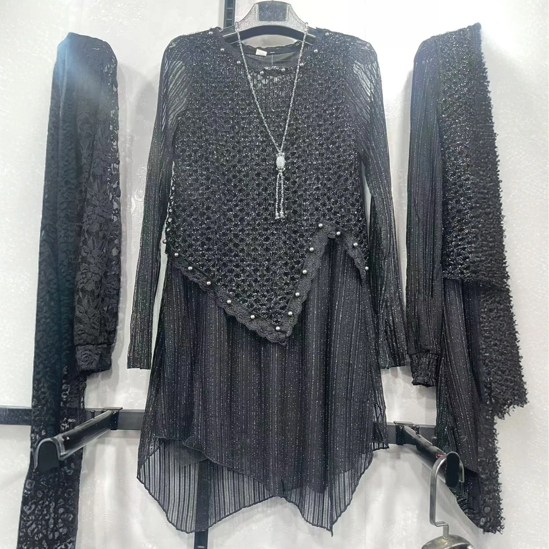 春秋款中长蕾丝衫洋气宽松韩版黑色遮肉打底衫雪纺拼接