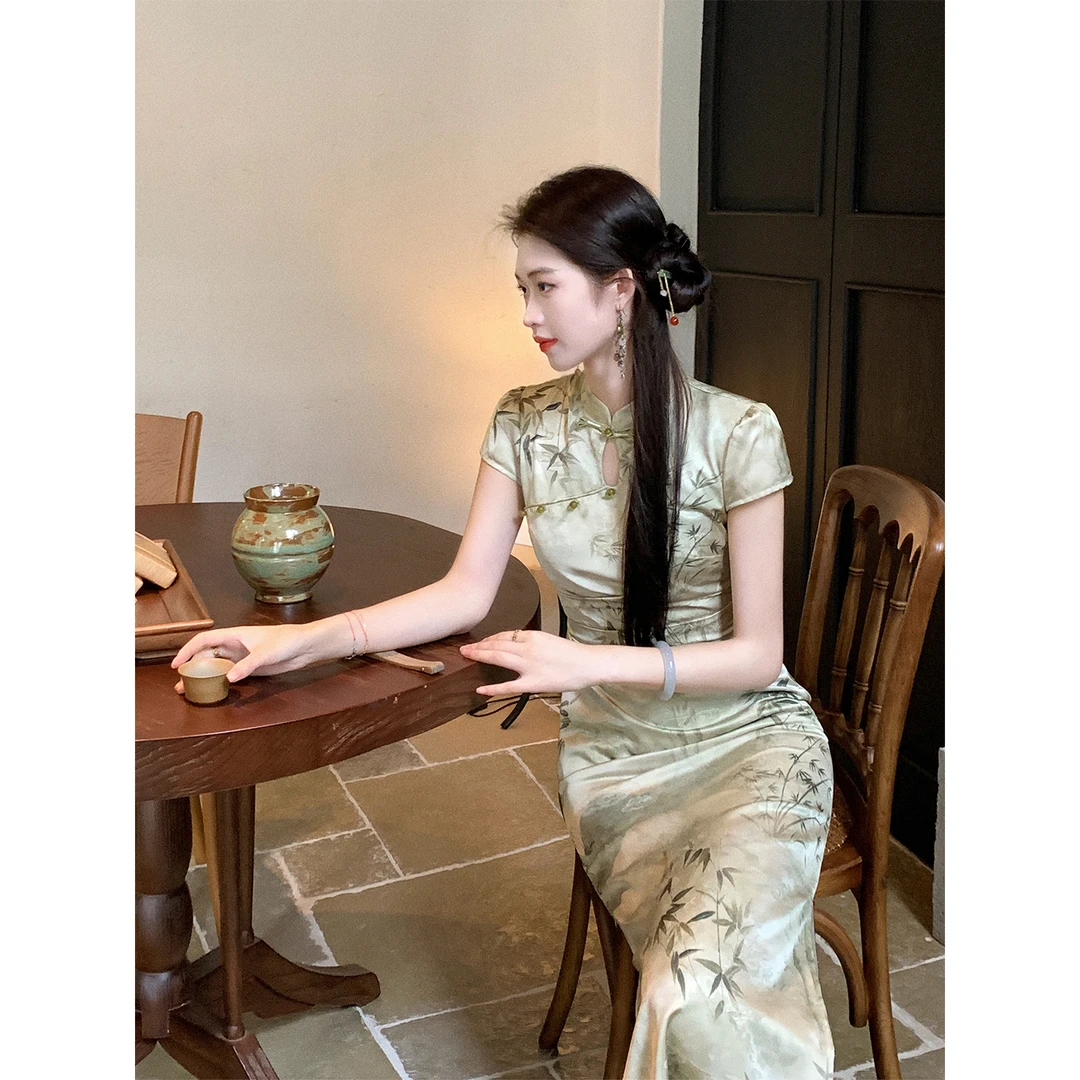 凌茜恣禾【清竹】国风新中式竹叶印花收腰连衣裙复古收腰改良旗袍裙