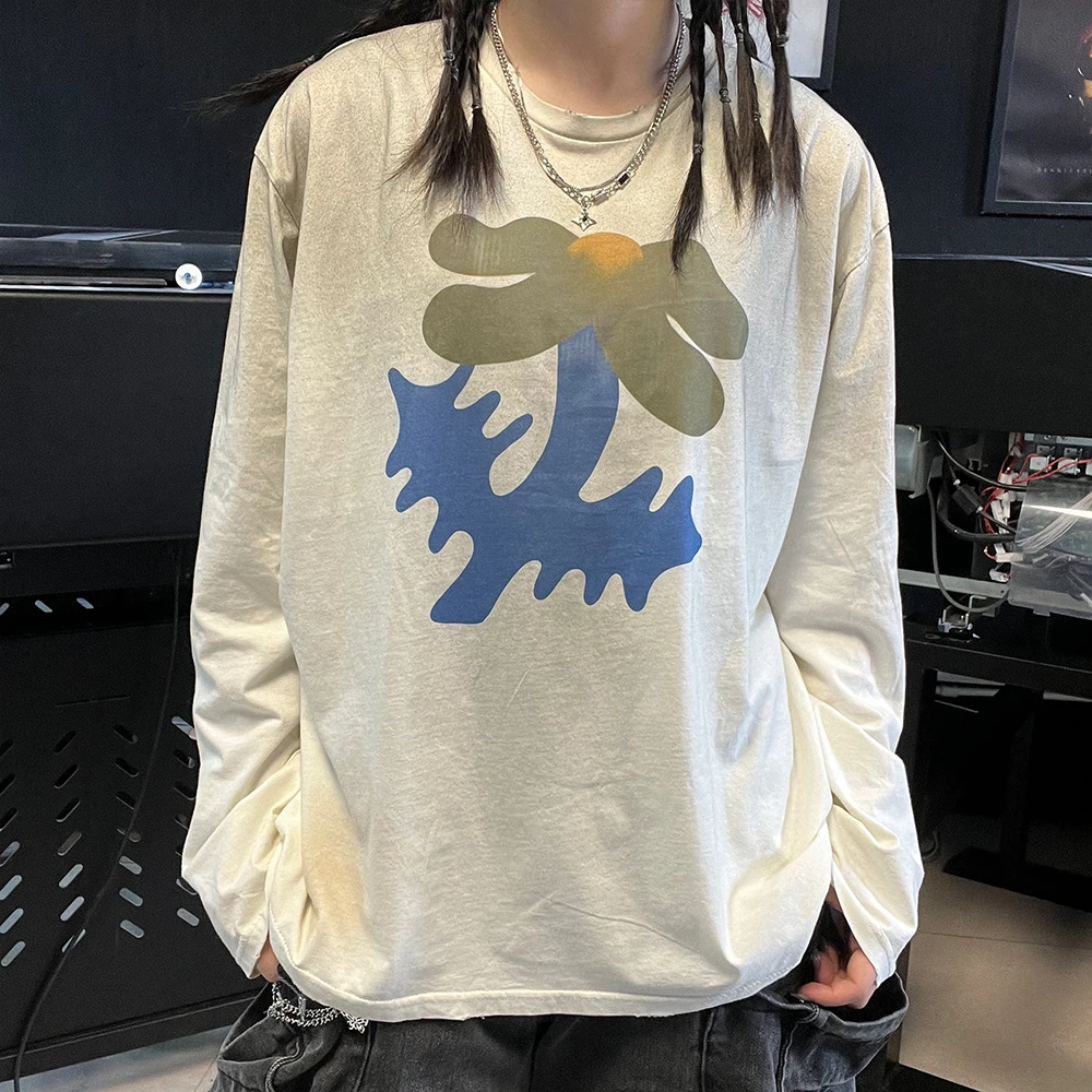 180G复古做旧脏脏长袖T恤设计感带刺花朵创意夏季