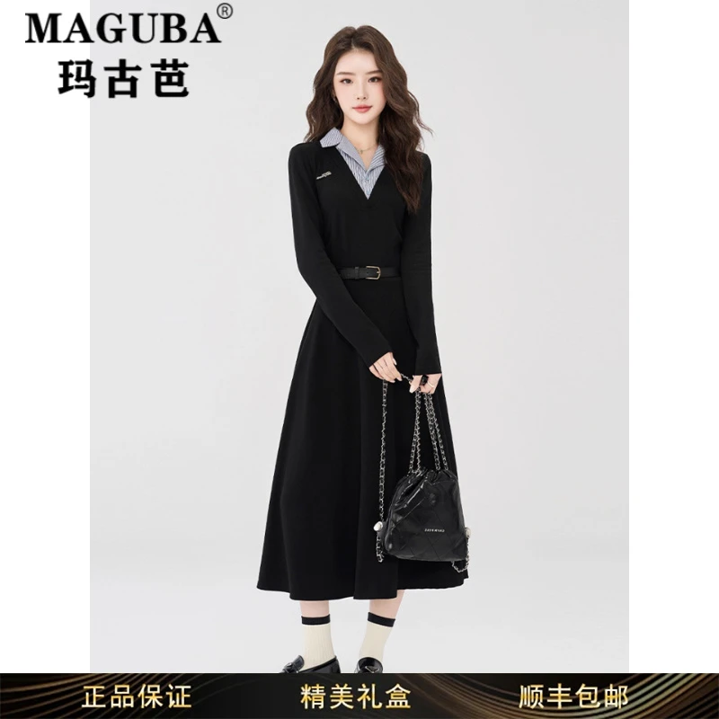 玛古芭女装新款时尚假两件长袖连衣裙女韩版高级气质收腰显瘦长裙
