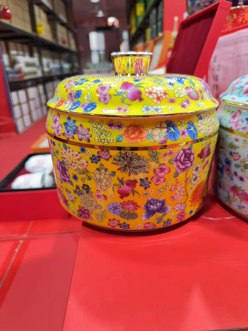 DP-A129大号帝王黄描金万花储物罐+底座
