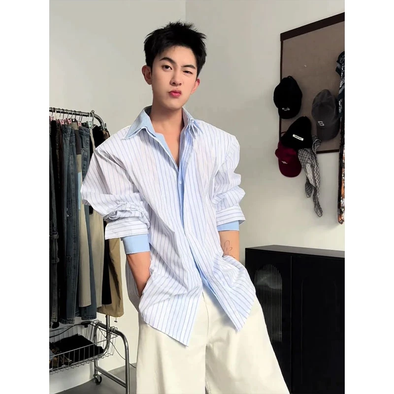 欧若风蓝竖条纹衬衫男长袖简约慵懒松弛感衬衣cleanfit假两件外套