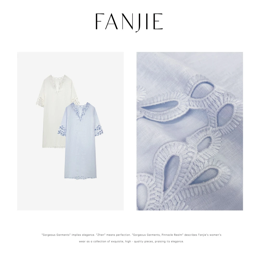 梵届夏季新款设计师100亚麻镂空设计感显瘦气质连衣裙KSK52147