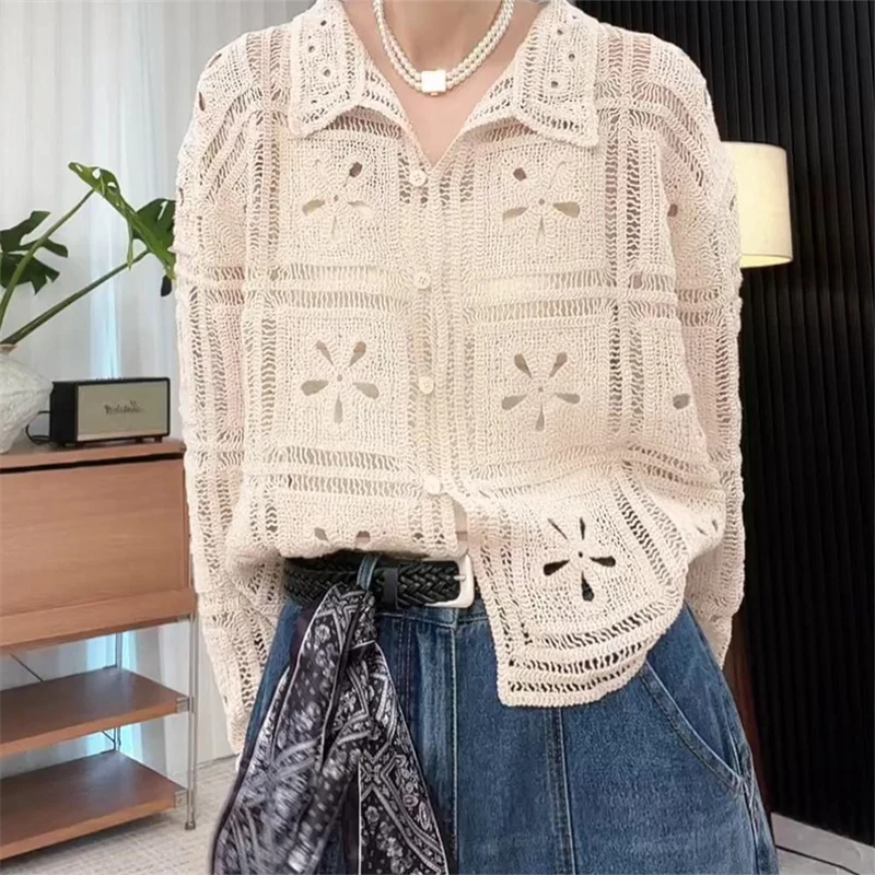 复古设计感翻领长袖镂空针织开衫女秋季新款慵懒宽松休闲外套上衣