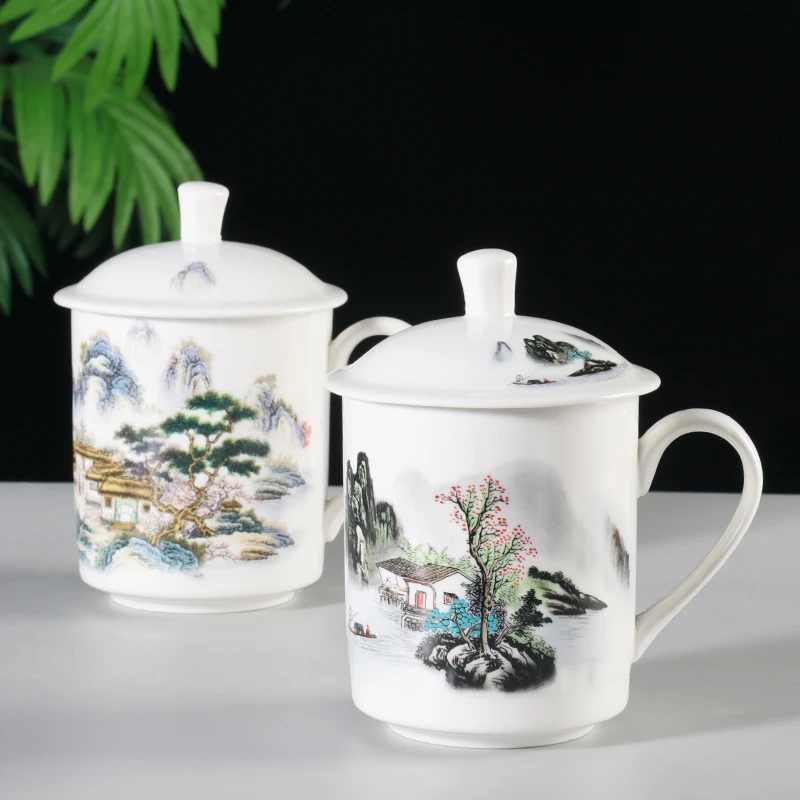 骨瓷茶杯家用陶瓷杯带盖大容量水杯办公室茶杯会议杯定制刻字