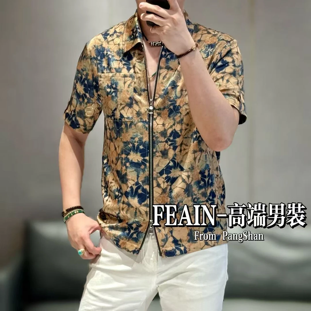 高端定制丝柔贡缎掐丝烫金渐变蝴蝶花男士拉链短袖夹克5206