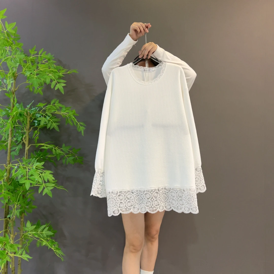958欧货蕾丝边长袖圆领宽松遮肚子大码女装纯色简约韩版休闲大衫