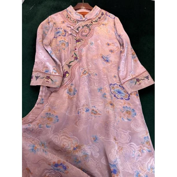 福泽-中式改良裙子宽松小众高端七分袖提花刺绣镶边连衣裙女秋