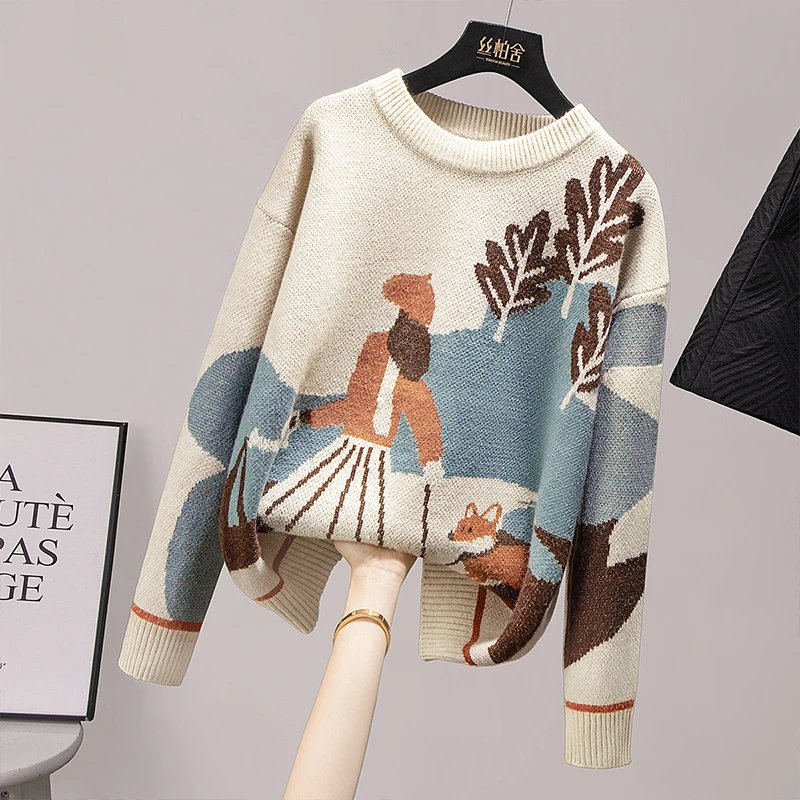 丝柏舍2025冬装新款女卡通图案长袖慵懒风休闲圆领毛衣S23K1885M