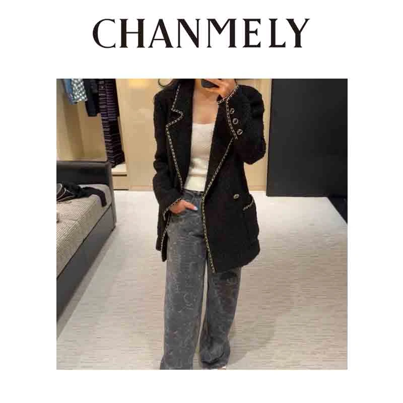 【CHANMITY】25/FW矜贵典雅黑金链条饰粗花呢双排扣大衣外套023713
