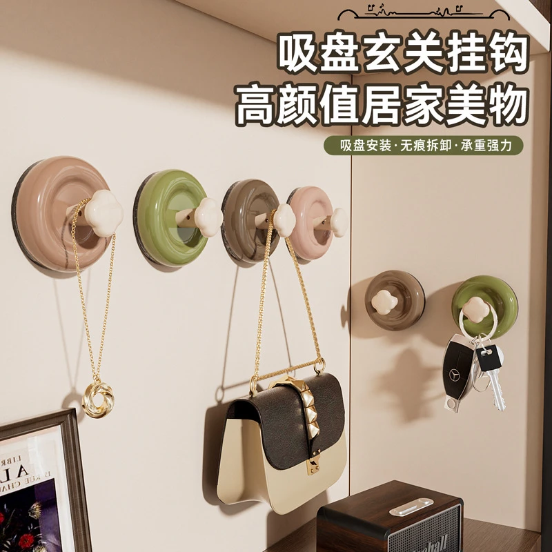 糖果色吸盘玄关挂钩中古风免打孔可移动门后玄关真空强力挂钩