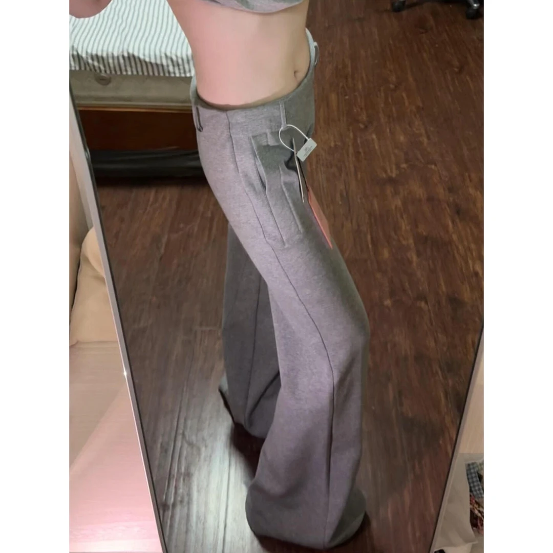 灰色微喇叭阔腿裤女秋季2025新款设计感低腰显瘦马蹄休闲拖地长裤