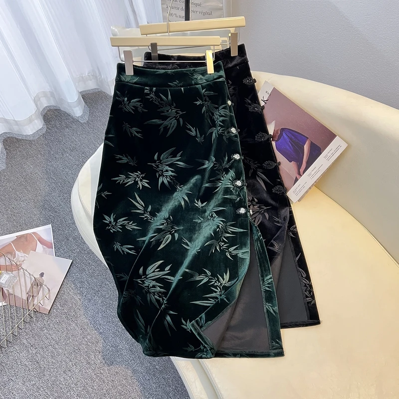 拉夏贝尔提花金丝绒复古开叉半身裙秋冬新款修身a字包臀一步裙