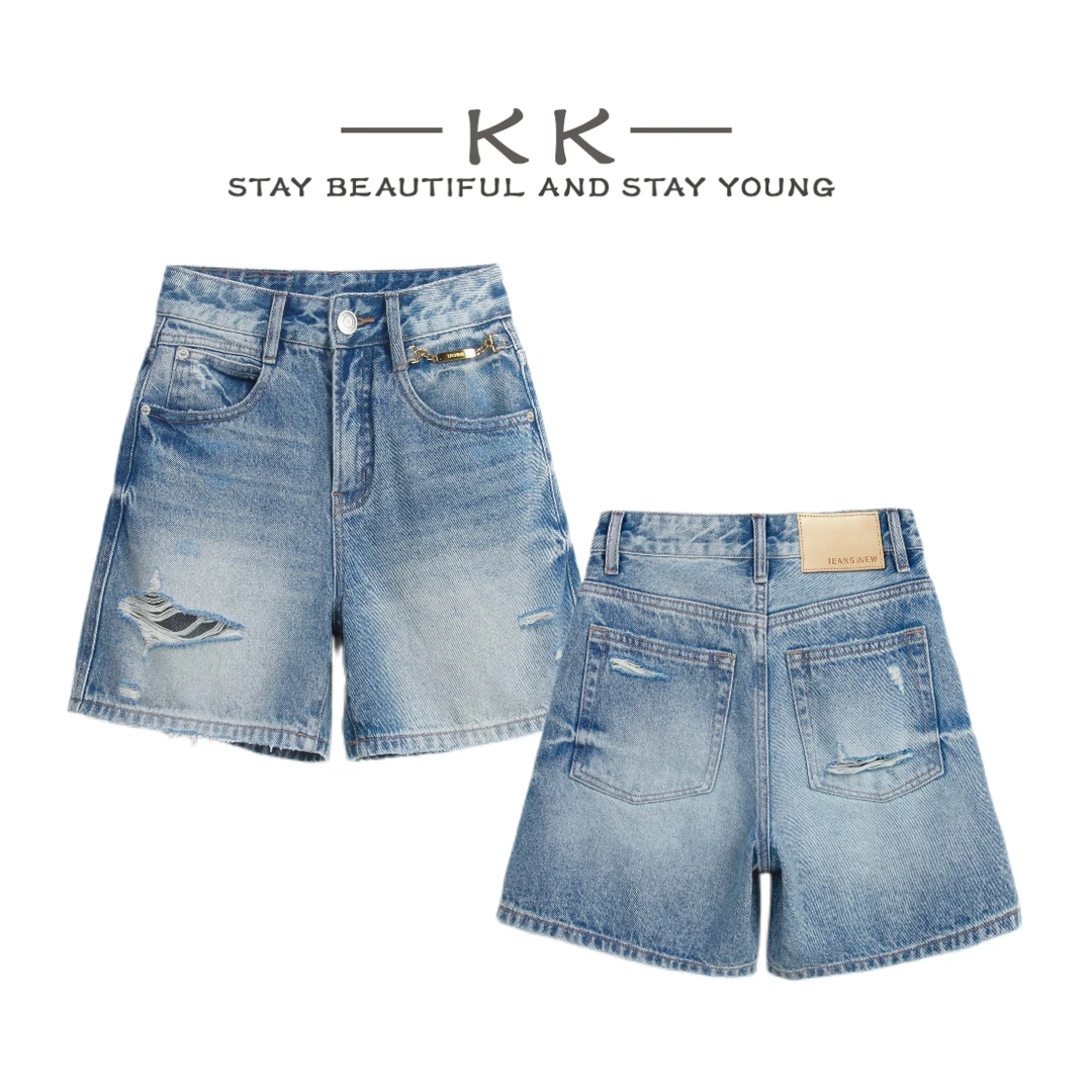KK欧版 · 四分裤灰蓝色· 夏季破洞百搭显瘦宽松四分牛仔短裤毛边