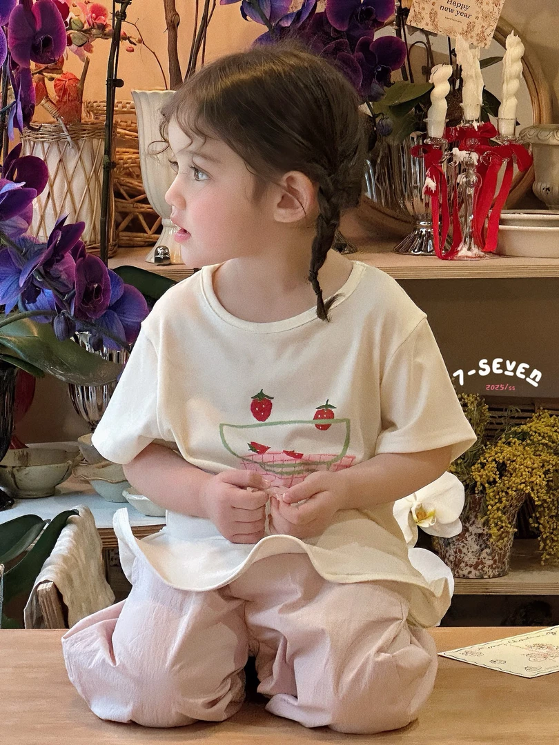 7+草莓碗短袖T恤上衣扭扭边搭束脚花苞灯笼裤粉色女童