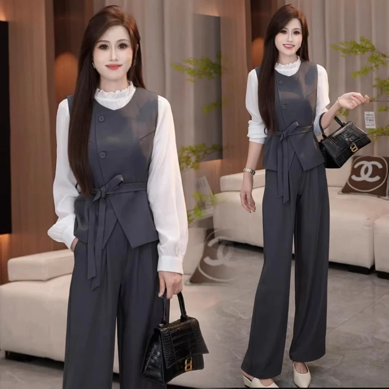 时尚套装女2025秋季新款洋气显瘦马甲衬衫阔腿裤气质减龄三件套潮