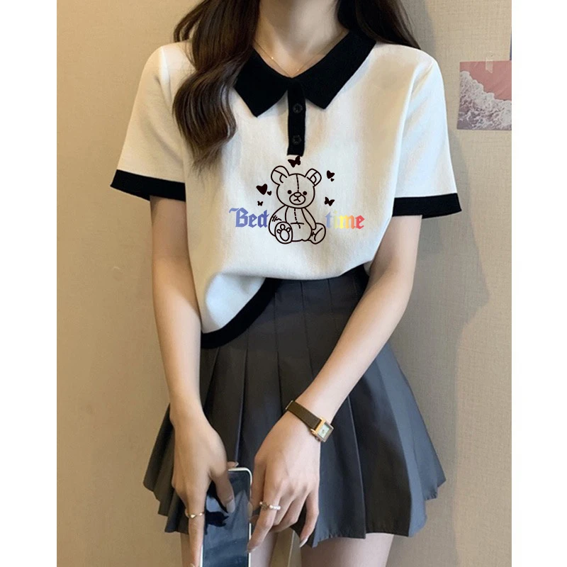 日系复古学院风撞色Polo领短袖T恤女夏季独特设计感正肩短款上衣