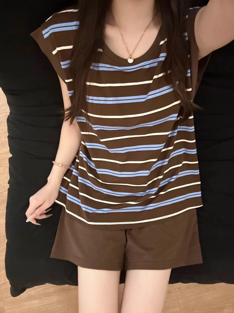 甜美风简约美拉德条纹带胸垫背心睡衣女夏季新款套装显白家居服夏
