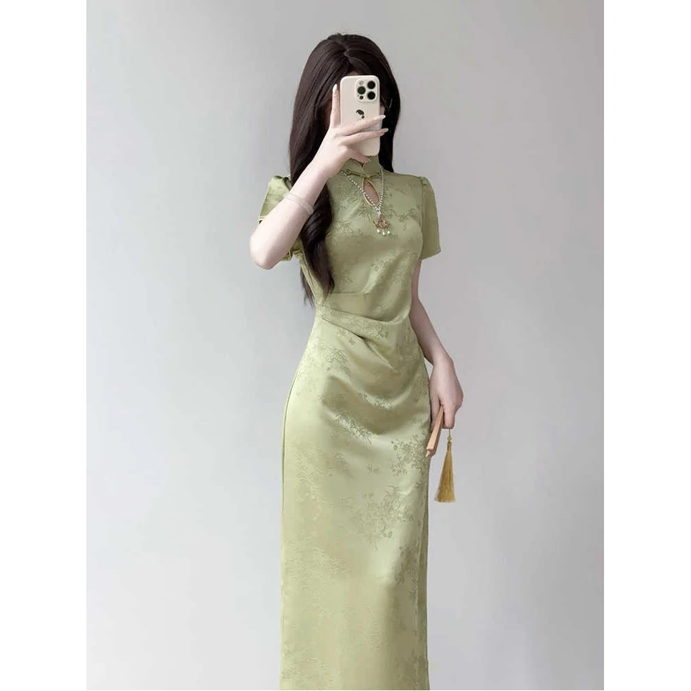 2025新款夏季新中式旗袍改良版年轻款少女高级感绿色民国气质裙子