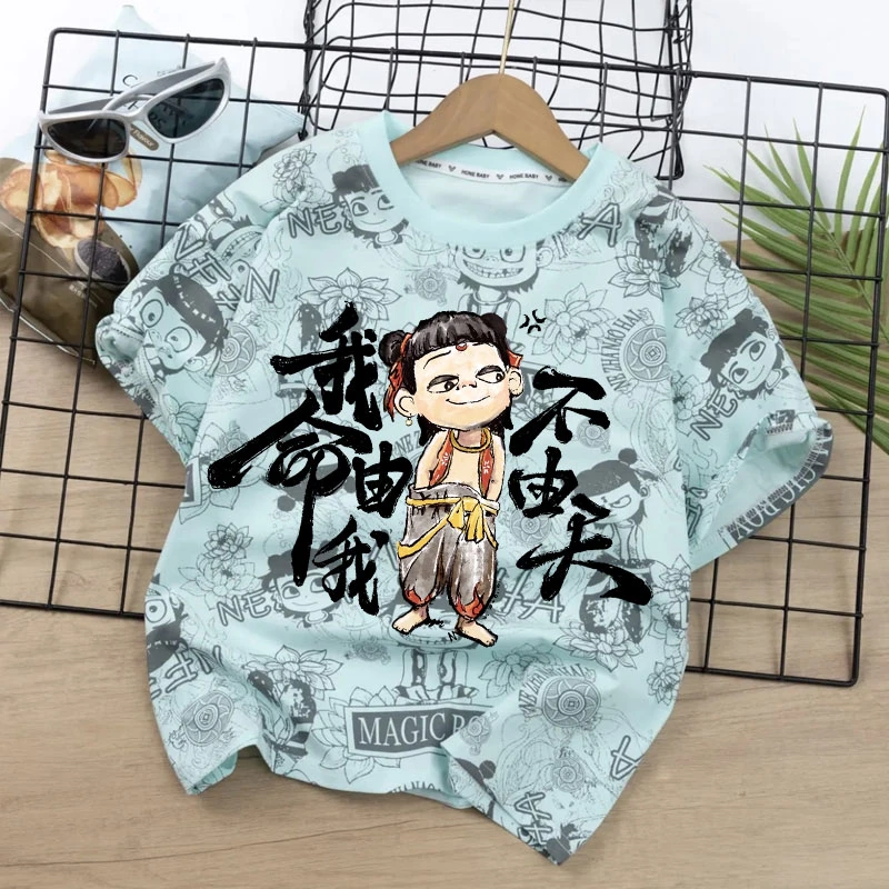 男童卡通哪吒短袖T恤中大童潮流帅气童装2025新款夏季薄款上衣