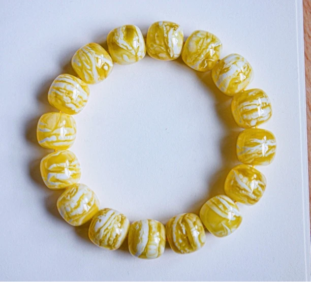 同料 14mm俄料橘底顺纹虎皮白花蜜蜡手串 27.57克 蜡质纹路统一