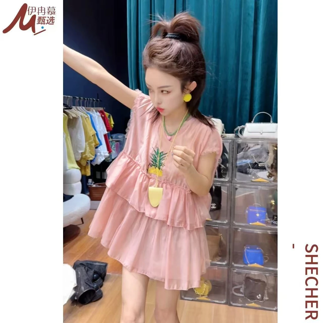 【伊冉慕甄选】荷叶边圆领短袖凤梨刺绣蕾丝拼接韩版显瘦6043现