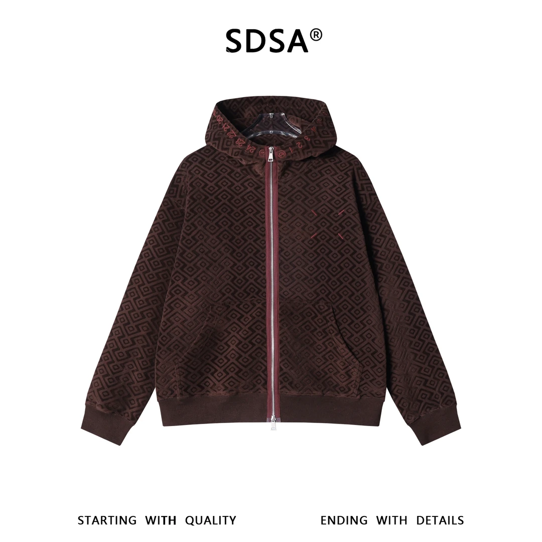 SDSA秋冬新款痞帅男装潮牌撞色刺绣数字拉链立领连帽卫衣外套百搭
