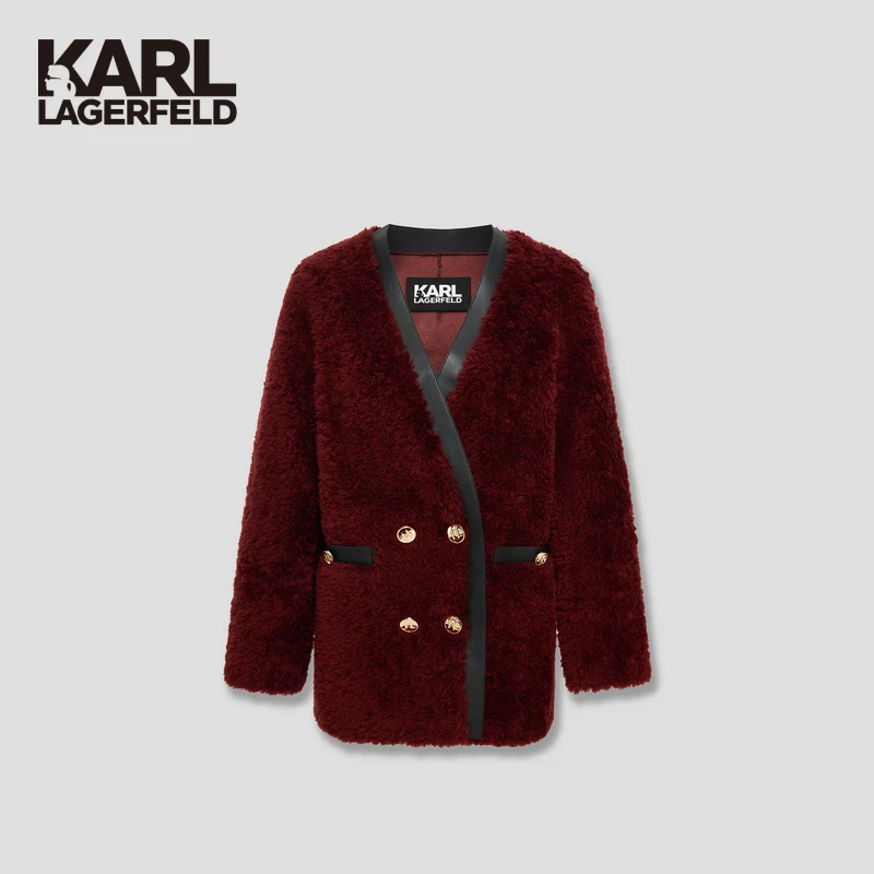 【晨粉专享价】KARLLAGERFELD 撞色边双排纽扣毛外套M27E1545