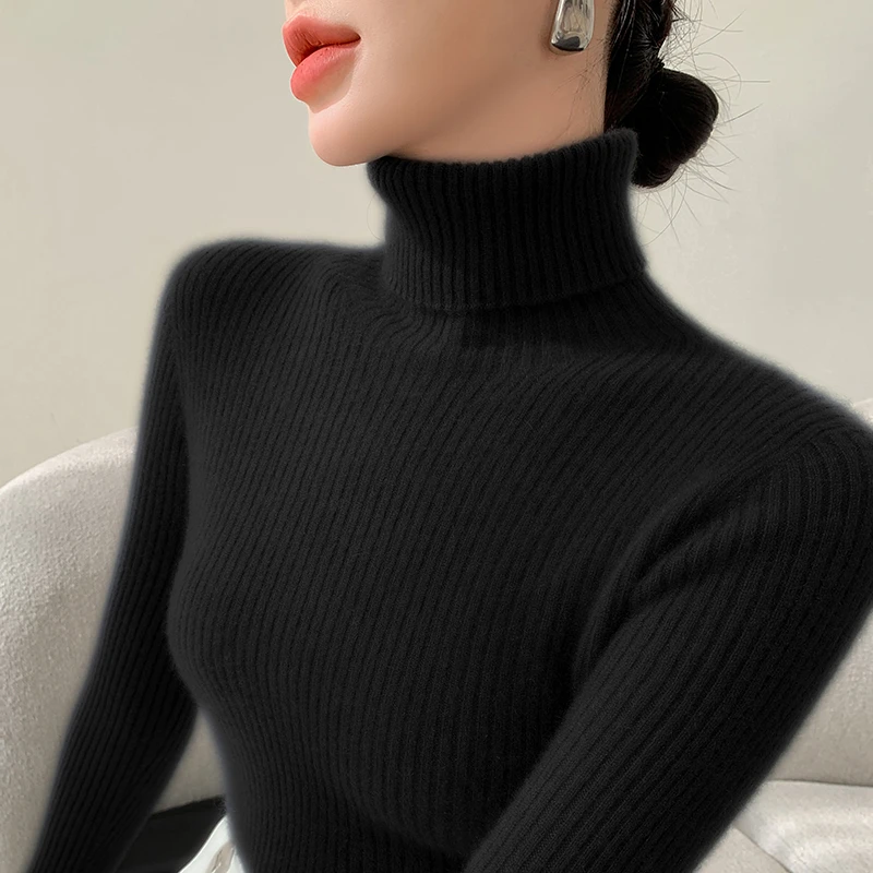 高端100%纯羊毛衫女秋冬高领毛衣内搭修身加厚保暖长袖针织打底衫