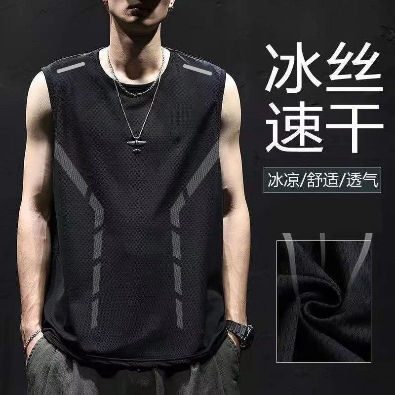 冰丝背心男潮薄款透气速干运动休闲宽坎肩外穿男士圆领无袖t恤夏