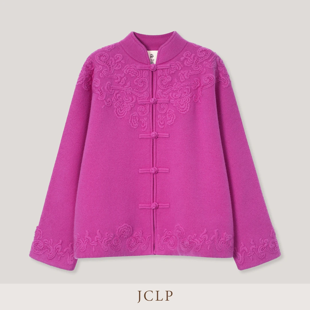 JCLP 金纯良品 山羊绒桑蚕丝手工刺绣圆领新中式设计感羊绒开衫