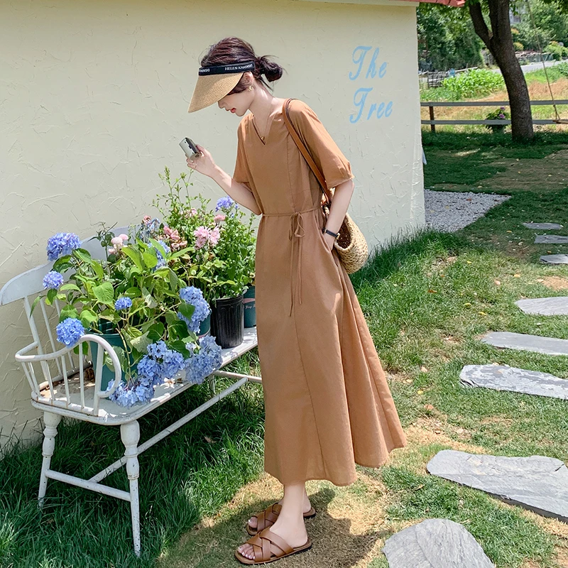 简单大方V领连衣裙女夏季轻奢高级感气质收腰显瘦桔梗法式长裙子