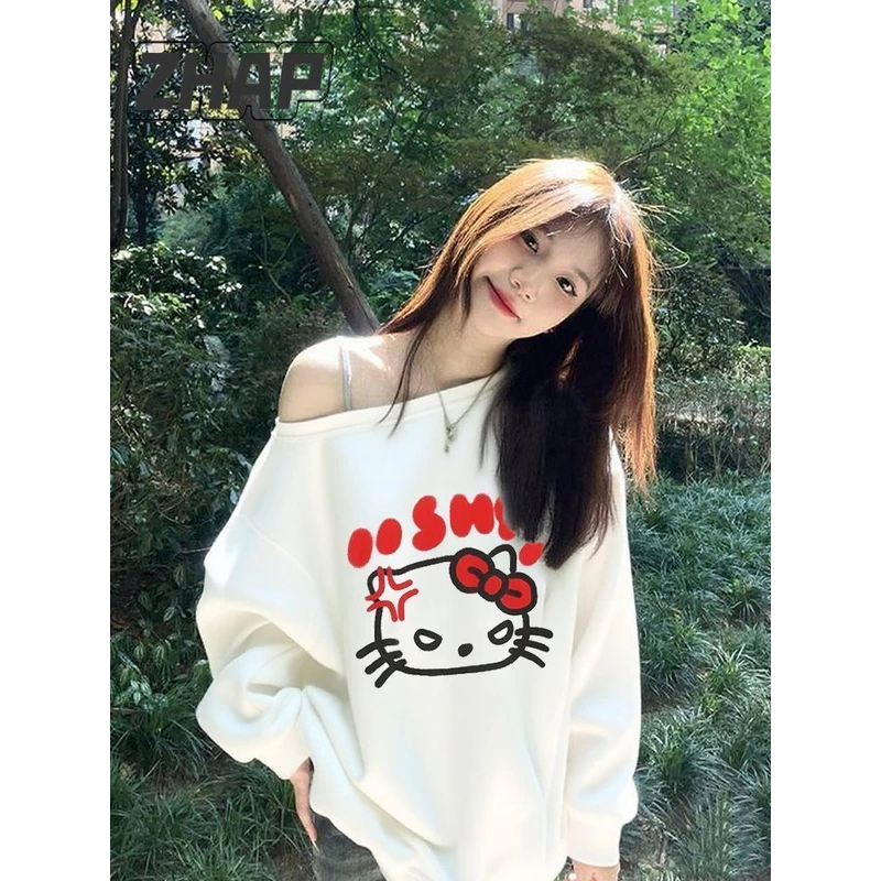 【ZHAP】斜领露肩时尚新款圆领卫衣女秋季爆款遮肉穿搭甜酷卡通潮