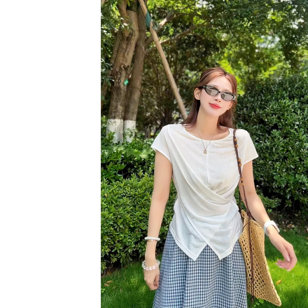 墨迹姐高个子微胖“不规则T”纯色显瘦高腰T恤圆领夏季短袖