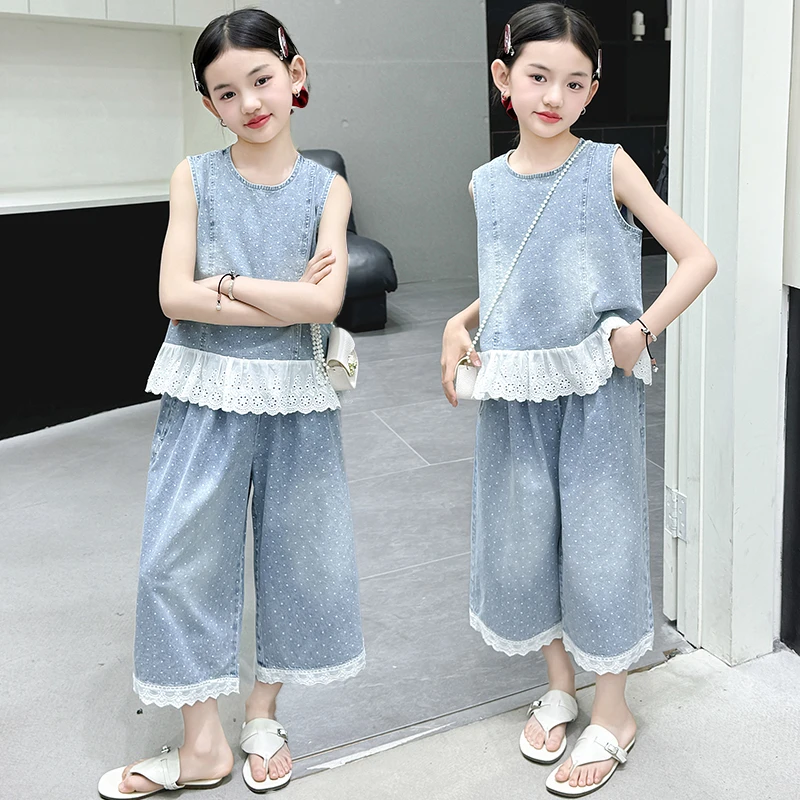 女童牛仔裤套装夏装新款裤子洋气儿童薄款背心中大童阔腿裤两件套