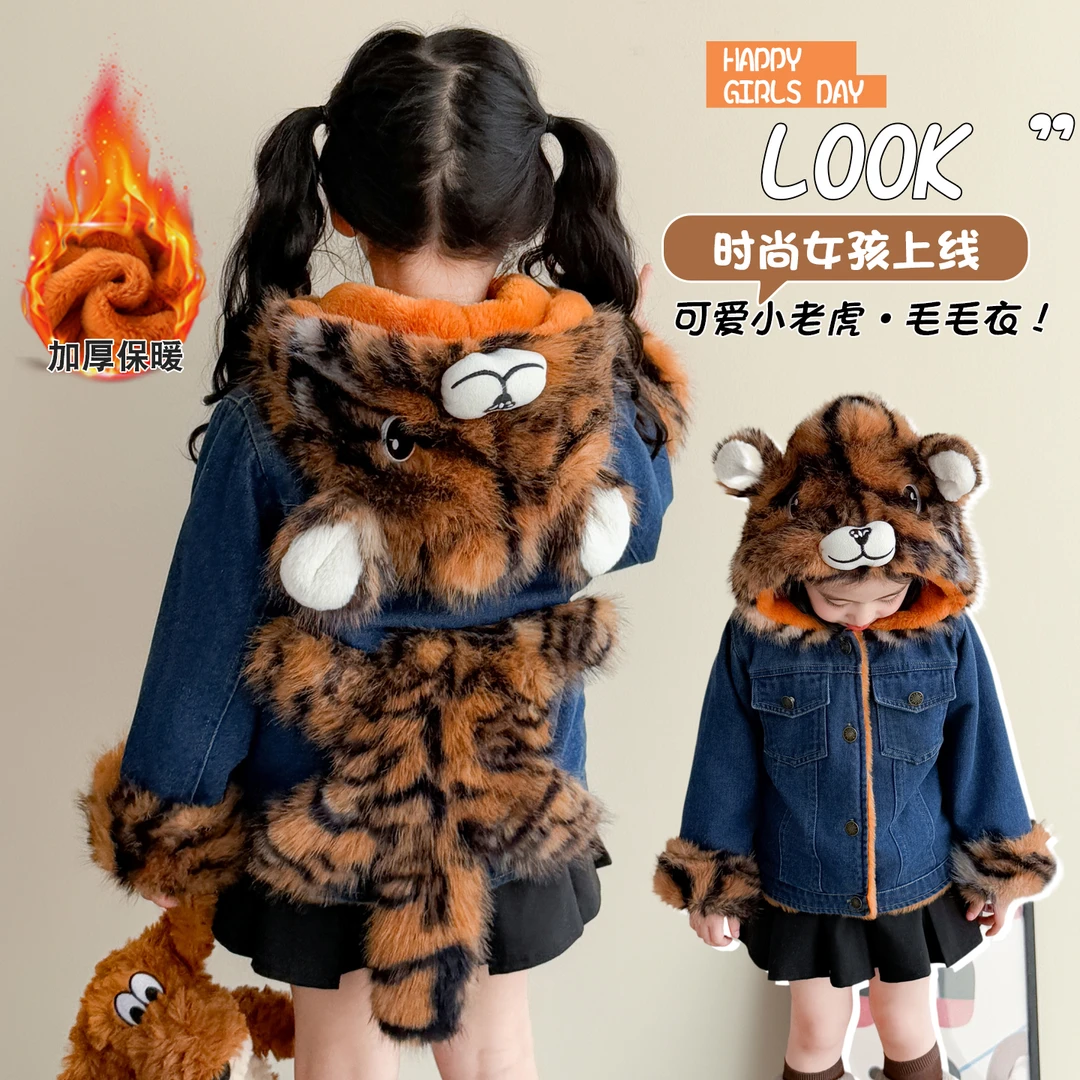 儿童外套秋冬季2025新款儿童加绒牛仔保暖男孩衣服女宝宝时髦冬装