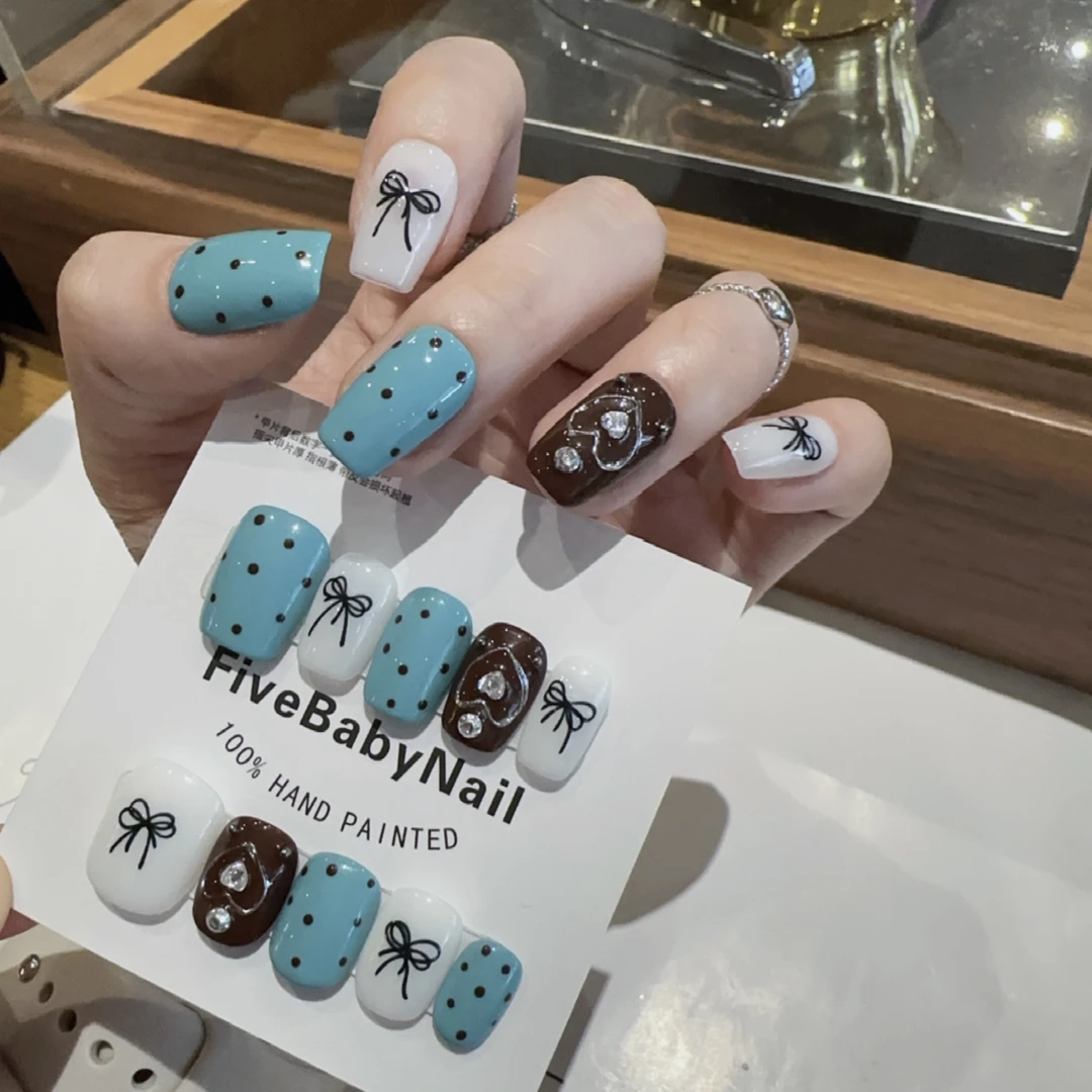 【栗子糖】FIVEBABY纯手工蓝咖撞色蝴蝶结俏皮miu系少女风穿戴甲