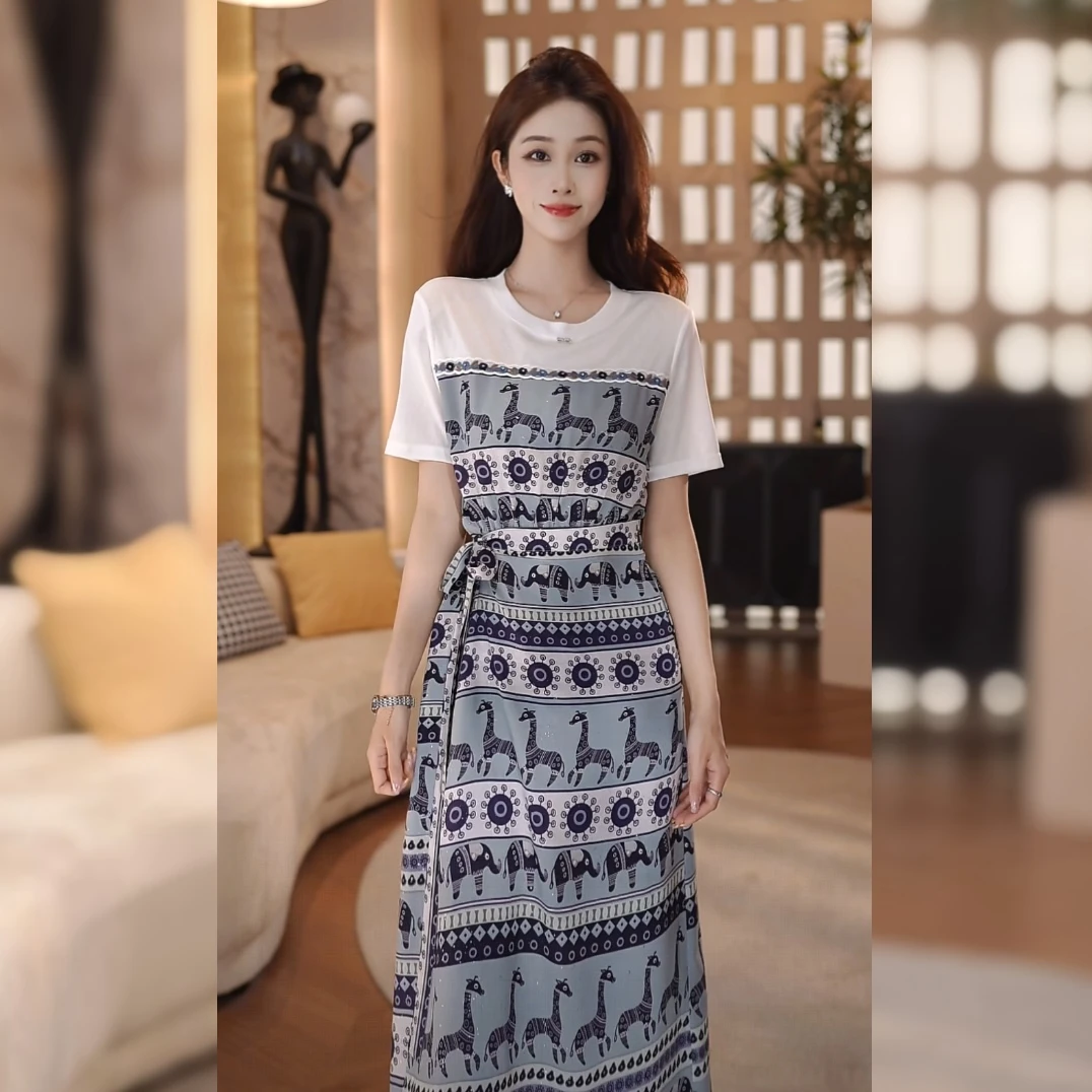 【林雪雪】挚爱图腾新款高级夏日百搭显瘦遮肉气质连衣裙253333