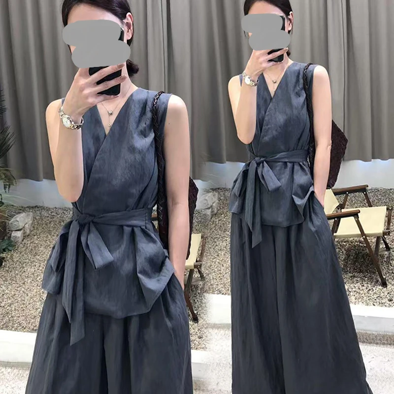 高级感时尚简约套装女夏季新款气质V领收腰无袖上衣阔腿裤两件套