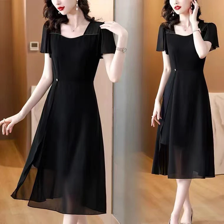 高级感黑色雪纺连衣裙女夏季2025新款遮肚子减龄显瘦爆款气质裙子