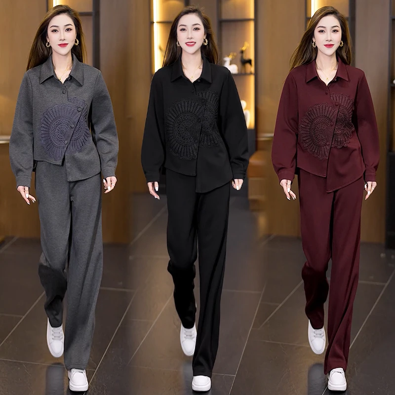 2025春季新款大码绣花时尚套装大方优雅精致遮肉显瘦洋气两件套