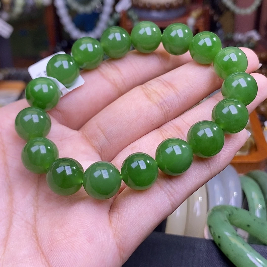 和田玉未镶嵌颈饰碧玉阳绿老矿料冰底手串12mm