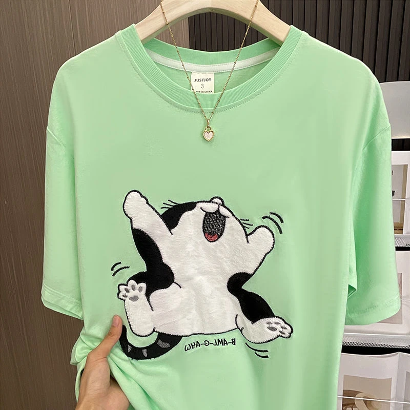 2025夏季特大码vintage日系复古可爱植绒小猫短袖T恤宽松通勤上衣