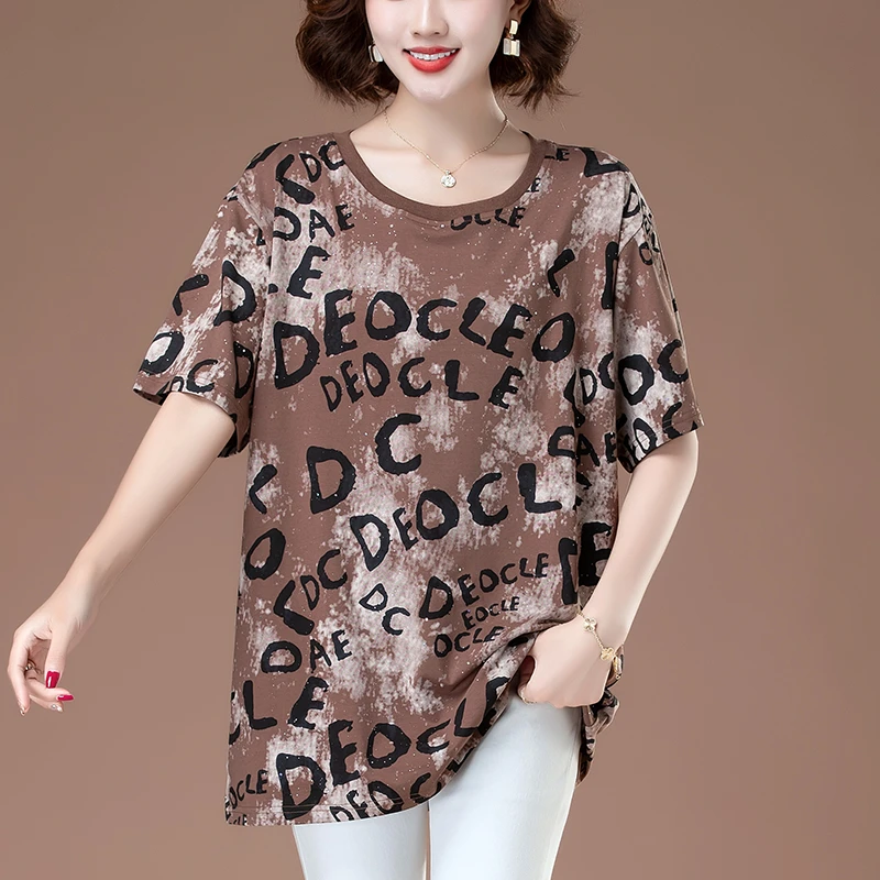 新中式 夏季新款洋气小衫中年纯棉短袖t恤女大码宽松中老年上衣