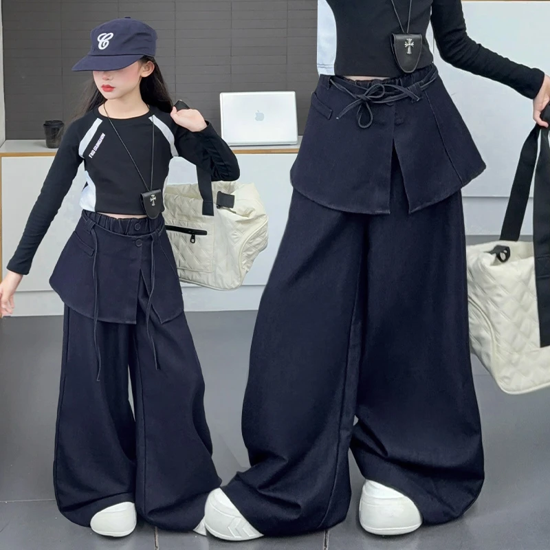 女童时尚屁帘牛仔裤春秋款2025新款中大童韩版潮流净色百搭阔腿裤