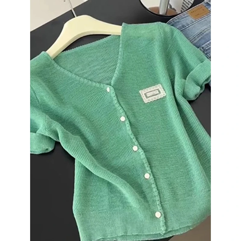 韩版气质轻薄针织短袖T恤女装2025夏季新款百搭薄纱漂亮正肩上衣