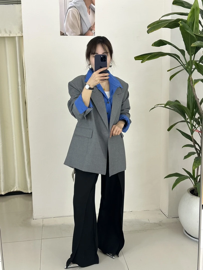 灰色西装外套女高级感宽松休闲小个子假两件设计