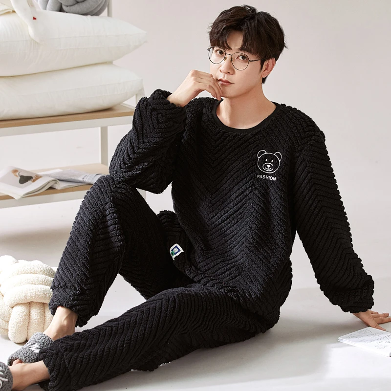 秋冬季长袖法兰绒睡衣套装珊瑚绒加绒加厚家居服可外穿保暖青少年