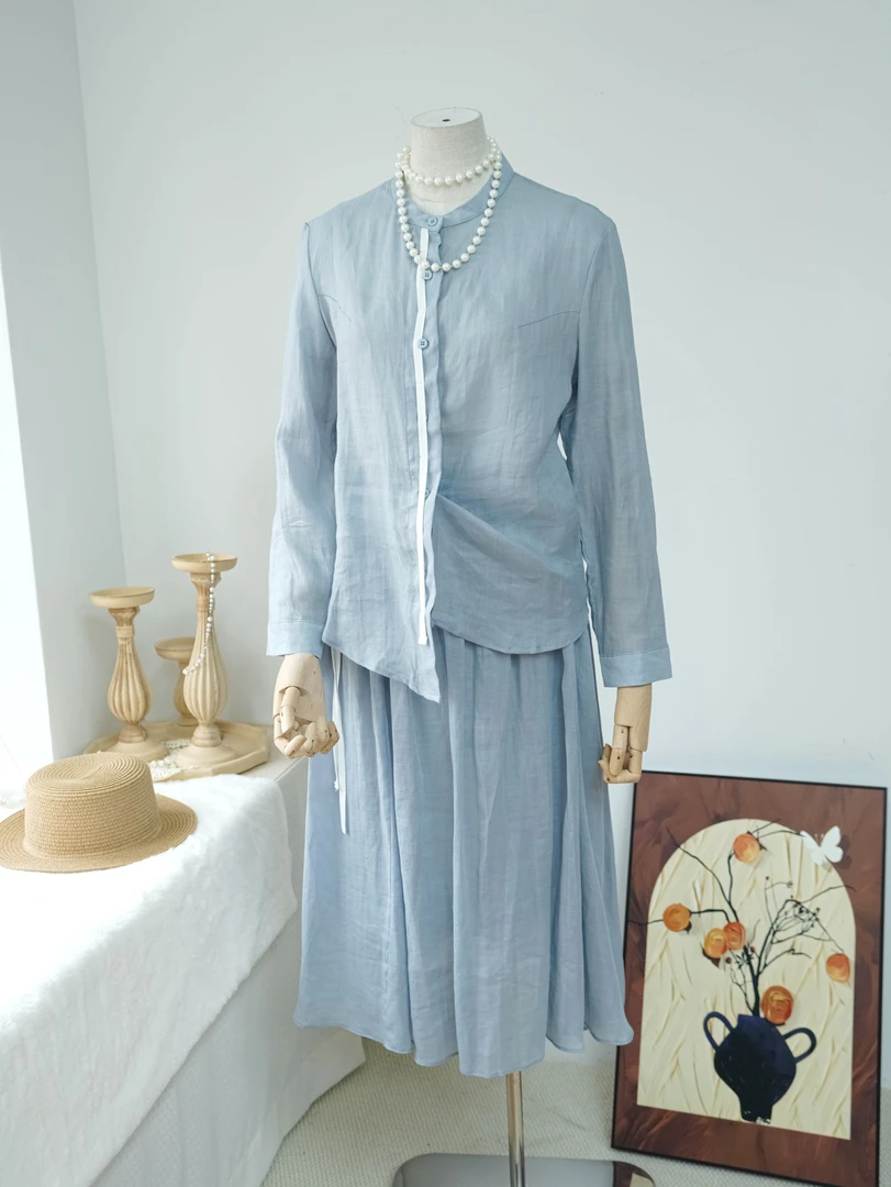 80苎麻20棉宽松简约撞色日常休闲通勤藏蓝色衬衫半身裙套装A70837